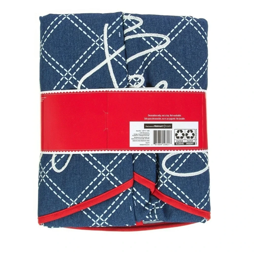 NWT Holiday Time Blue Quilted Plaid Festive Christmas Tree Skirt Merry Christmas